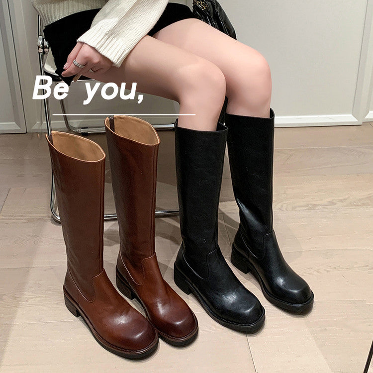Karin Luna Basic Versatile Style Round Toe Chunky Heel Long Boots