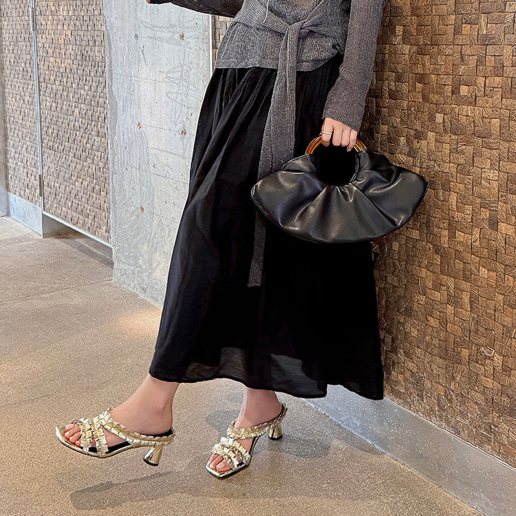 Karin Luna In Stock  Spot Goods  Unique Square-Toe Pleated Lace Sandals