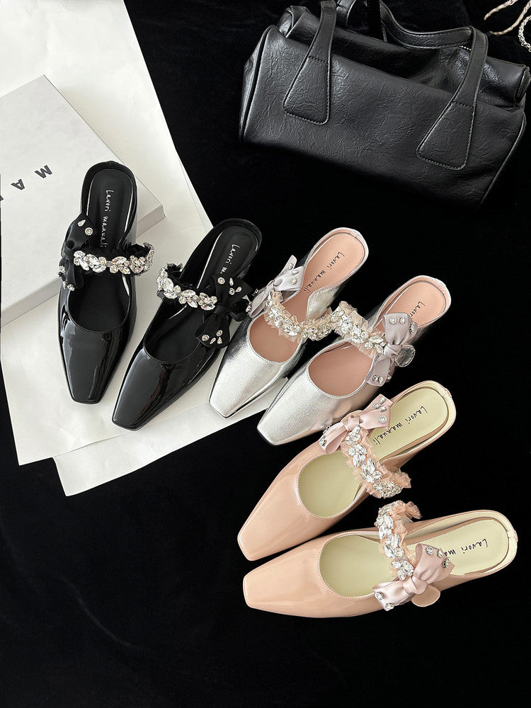 Karin Luna Handmade One-Strap Rhinestone Ribbon Square-Toe Mules