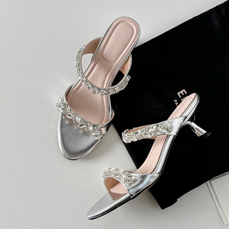 Karin Luna Exquisite Round Toe One-Strap Rhinestone Thin Heel Slippers