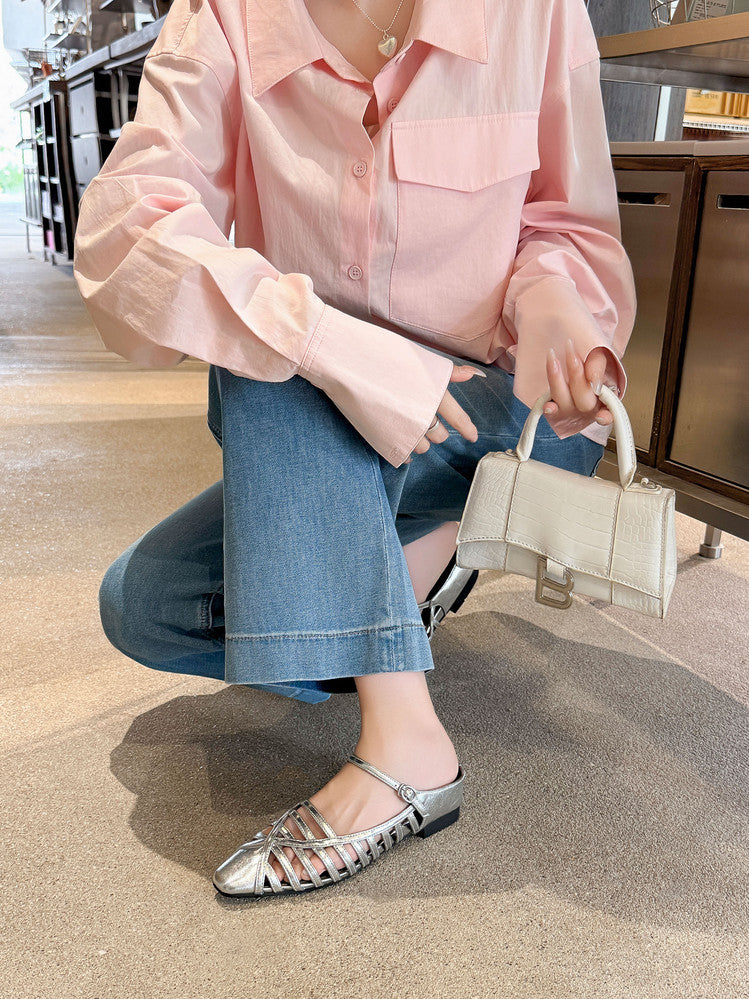 Karin Luna In Stock Spot Goods   French Retro Hollow Small Square Toe One-Strap Slippers