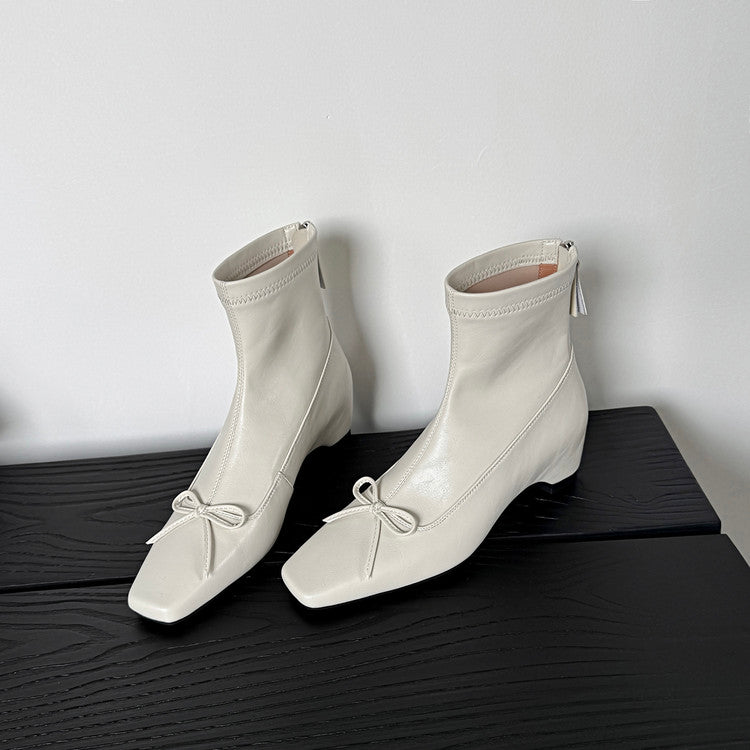 Karin Luna French Style Square Toe Bowknot Hidden Wedge Slim Boots