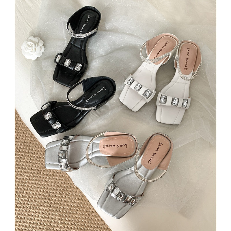 Karin Luna Bestseller Popular Rhinestone Ribbon Square Toe Slippers