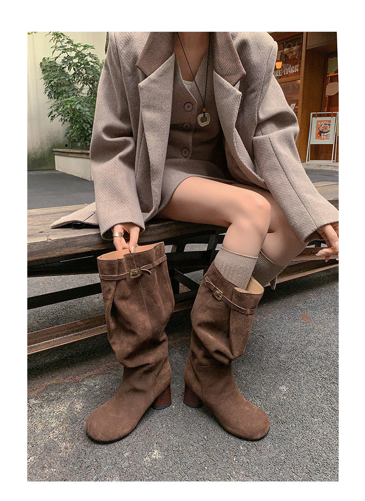 Karin Luna In Stock In Stock Mango Head Large Tube Belt Buckle Chunky Heel Long Boots