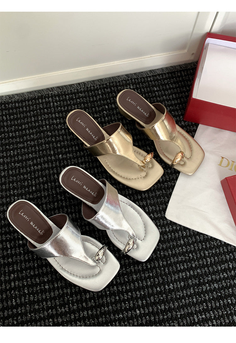 Karin Luna In Stock Spot Goods Clip-toe Square Toe Metal Buckle Minimalist Slippers