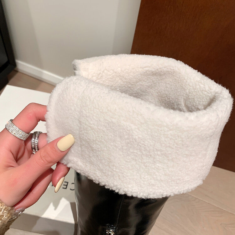 Karin Luna exploded  Three versions exploded Single Fleece Lining Fur Collar Version  Thick Fur Collar Foldable Hot-Selling Full Cowhide Pointed Toe Chunky Heel Classic Style