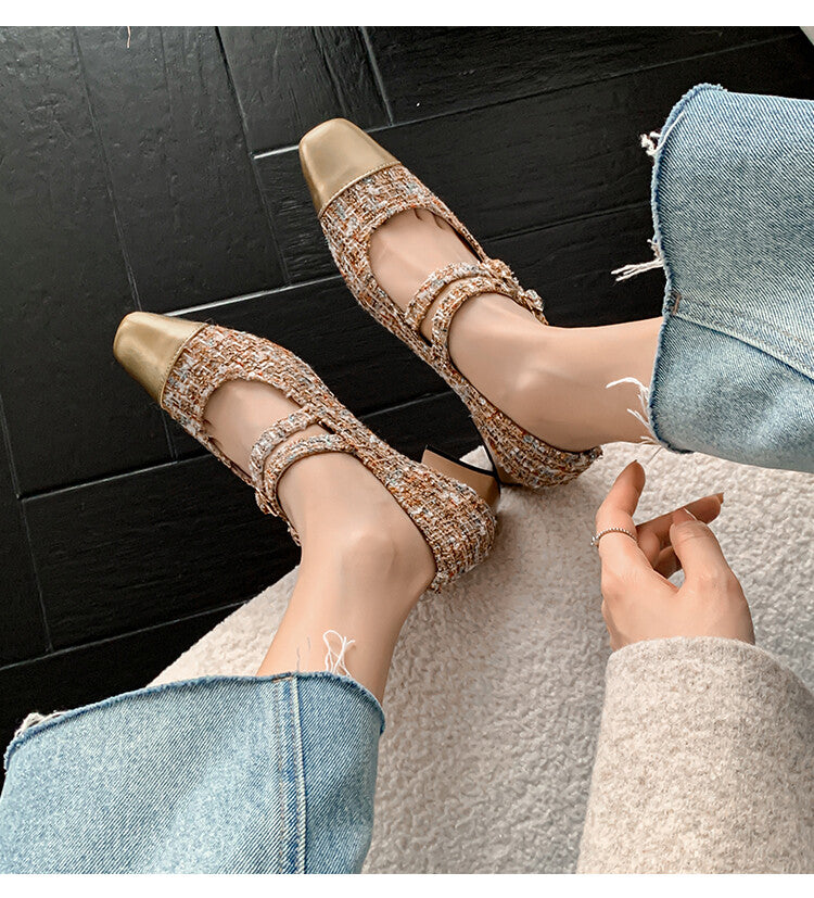 Karin Luna Classic Chanel Style~ Tweed Spring Limit Square Toe Chunky Heel Mary Jane Strap Single Shoes