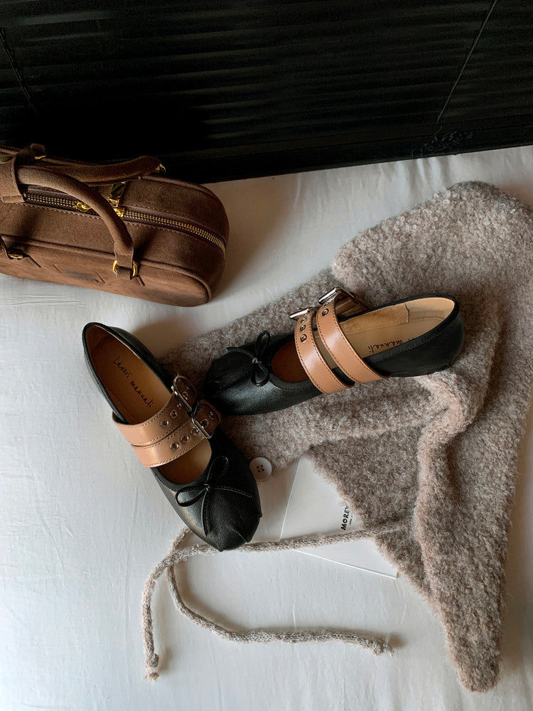 Karin Luna In Stock Spot Goods Minimalist Retro Round Toe Mary Jane Bowknot Height-Increasing Flats