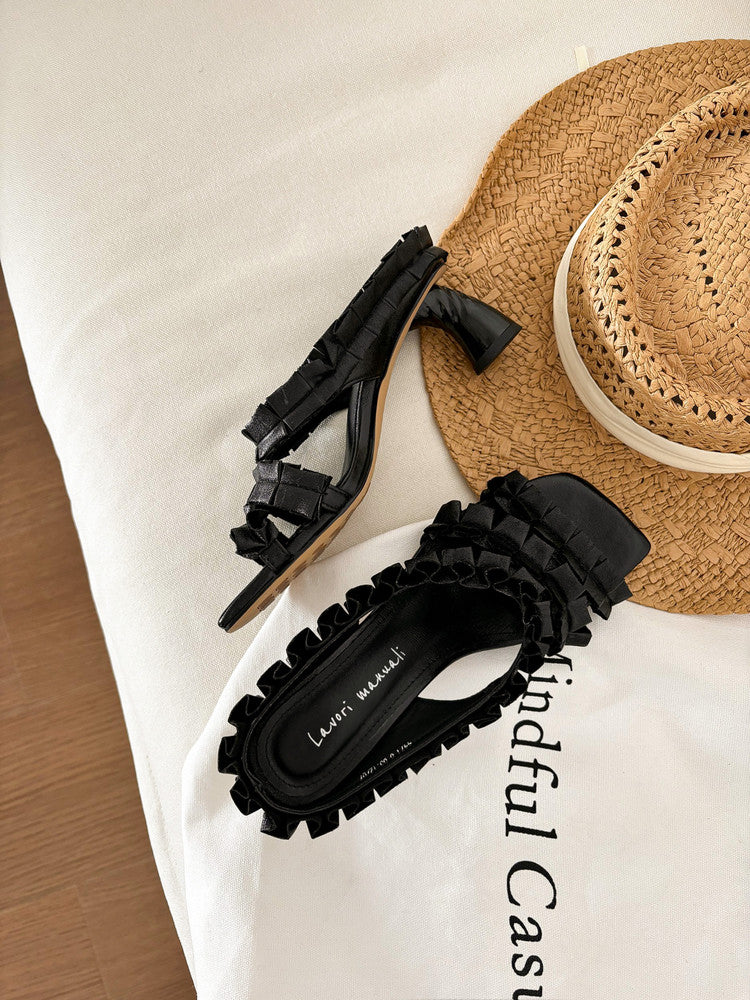 Karin Luna In Stock  Spot Goods  Unique Square-Toe Pleated Lace Sandals
