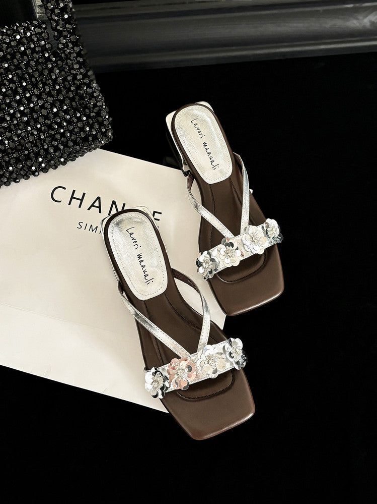 Karin Luna In Stock Spot Goods  One-Strap Sequin Floral Square-Toe Flat Slippers