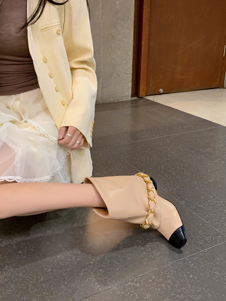Karin Luna Classic Style Xiangjia Style Chunky Heel Chain Ankle Boots