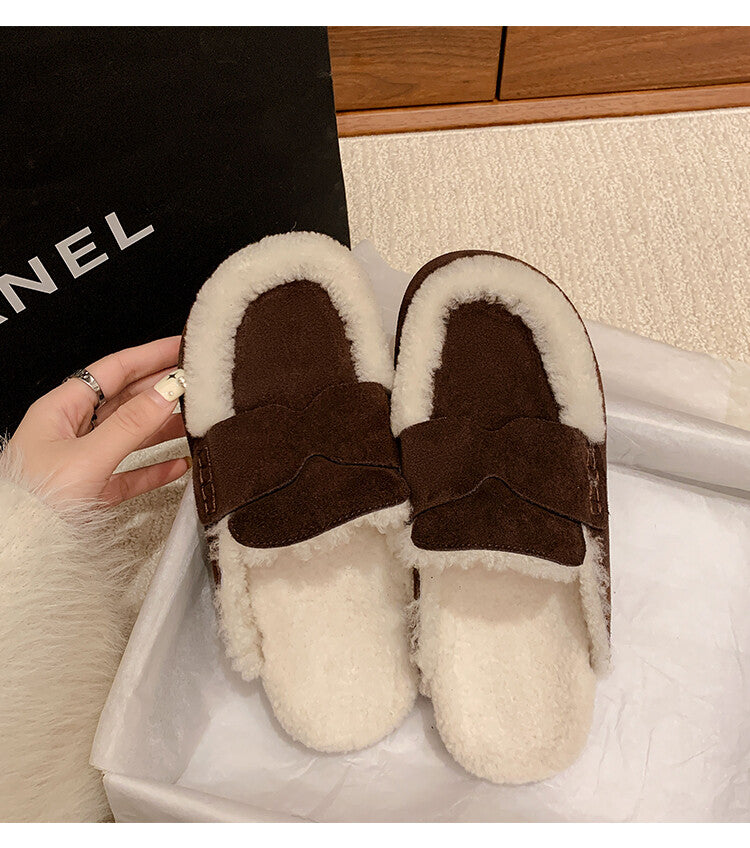 Karin Luna In Stock Look~This is such thick lamb wool Winter Atmosphere！Cowhide Leather Lamb Wool Round Toe Flat Sole Half Support！