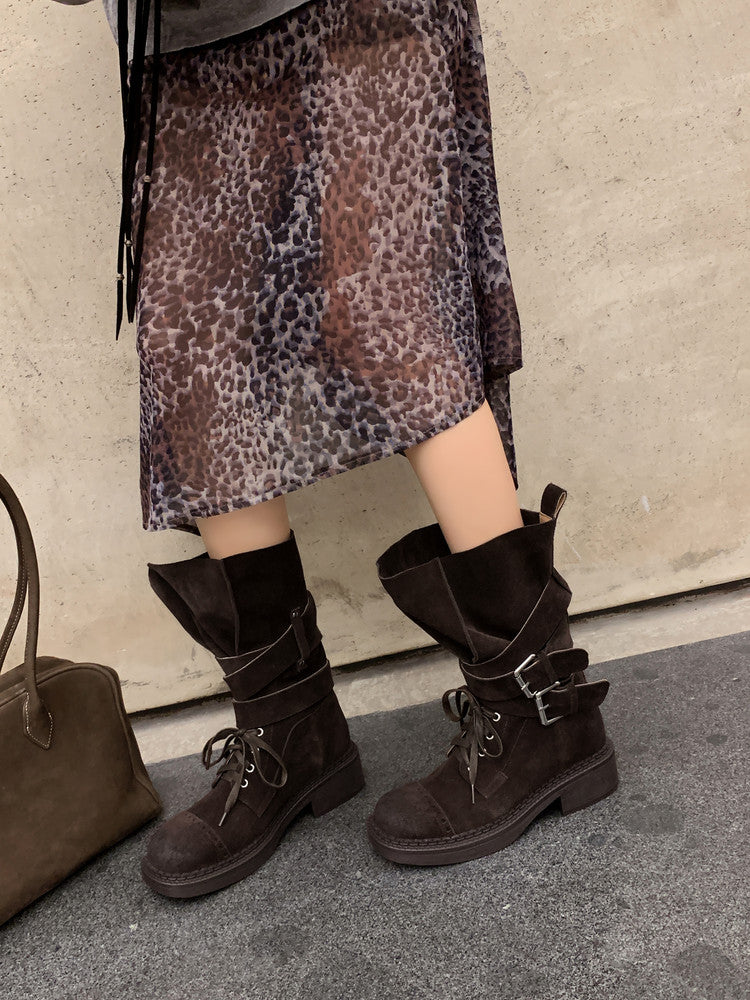 Karin Luna Bestseller Hot-Selling Large Tube Leather Belt Buckle Round Toe Thick-Soled Short Boots