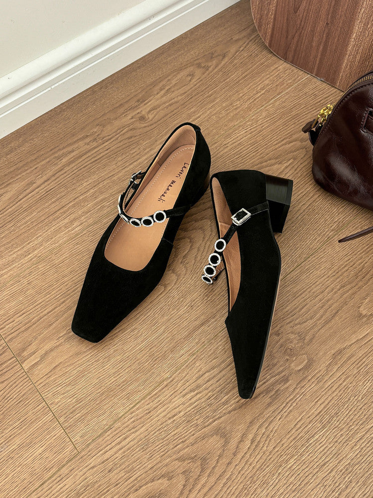 Karin Luna In Stock Spot Goods  Vintage Full Leather Square Toe Rhinestone Strap Shallow Mouth Single Shoes