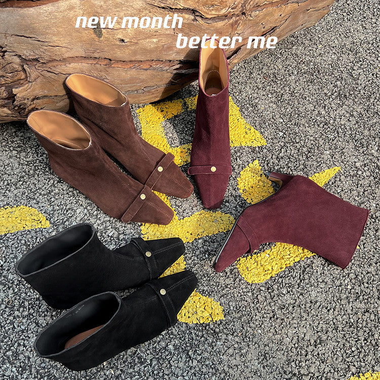 Karin Luna Elegant Style Small Square Toe Belt Buckle Thin Heel Short Boots