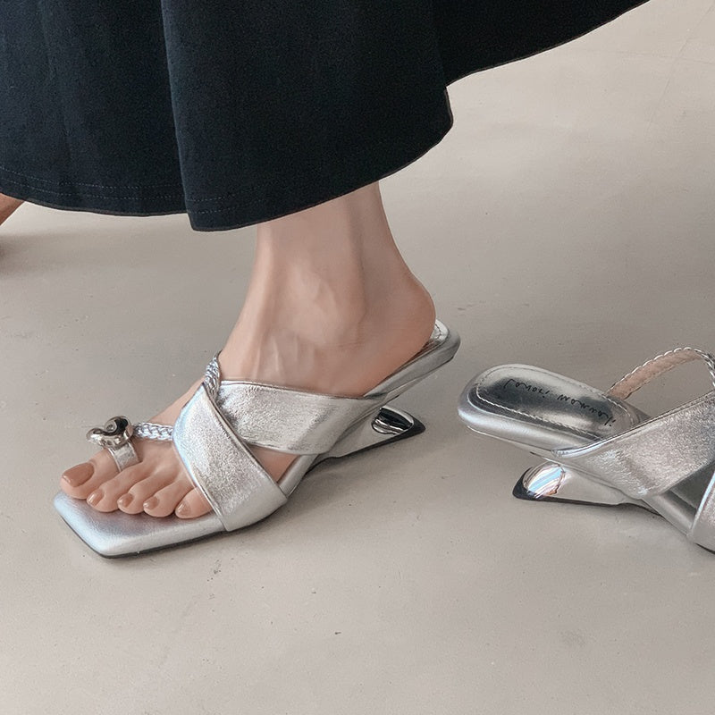 Karin Luna Braided Style ~Cross Strap Square Toe Irregular Heel Slippers