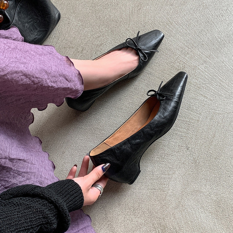 Karin Luna Full Layer Inside and Out~Basic Versatile Small Square Toe Butterfly Knot Irregular Heel Single Shoes