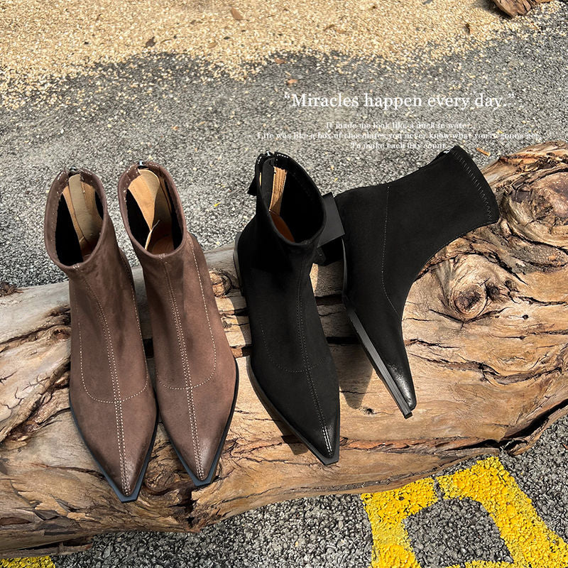 Karin Luna In Stock In Stock Elastic Slim Pointed Toe Chunky Heel Basic Ankle Boots