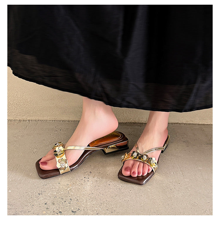 Karin Luna In Stock Spot Goods  One-Strap Sequin Floral Square-Toe Flat Slippers