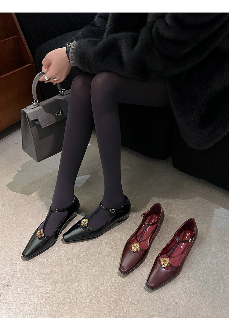 Karin Luna In Stock Spot Goods    Retro Classic Metal Camellia Irregular Heel Single Shoes