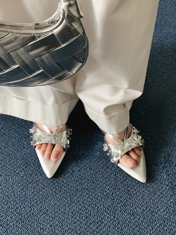 Karin Luna Bestseller Sequin Elements Elegant Pointed Toe Irregular Heel Slippers