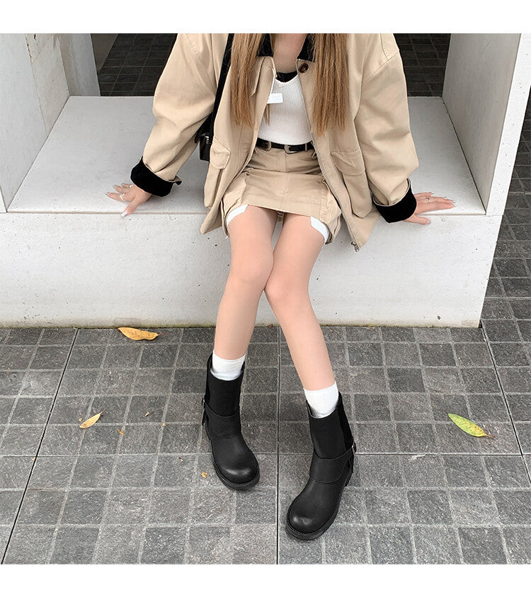 Karin Luna Belt Buckle Chunky Heel Fashion Short Boots