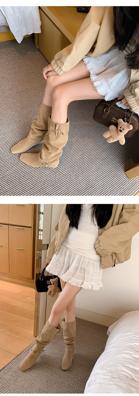 Karin Luna Data Model Belt Buckle Matte Square Toe Hidden Wedge Slouch Western Boots