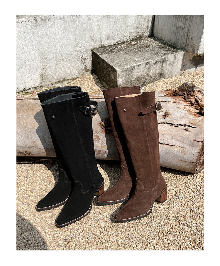 Karin Luna In Stock Spot Goods Retro Cowhide Leather Chunky Heel Suede Long Boots