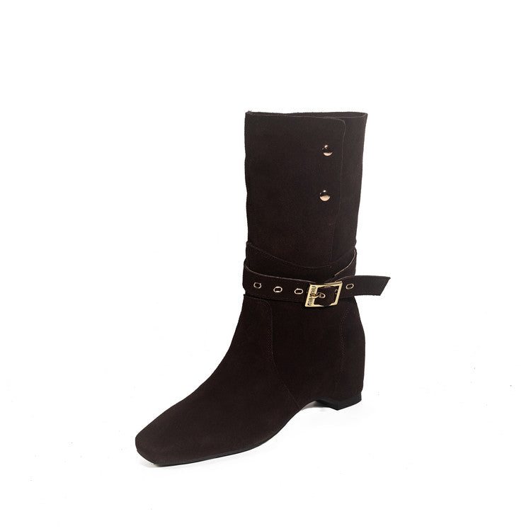 Karin Luna Foldable Belt Buckle Square Toe Hidden Wedge Short Boots