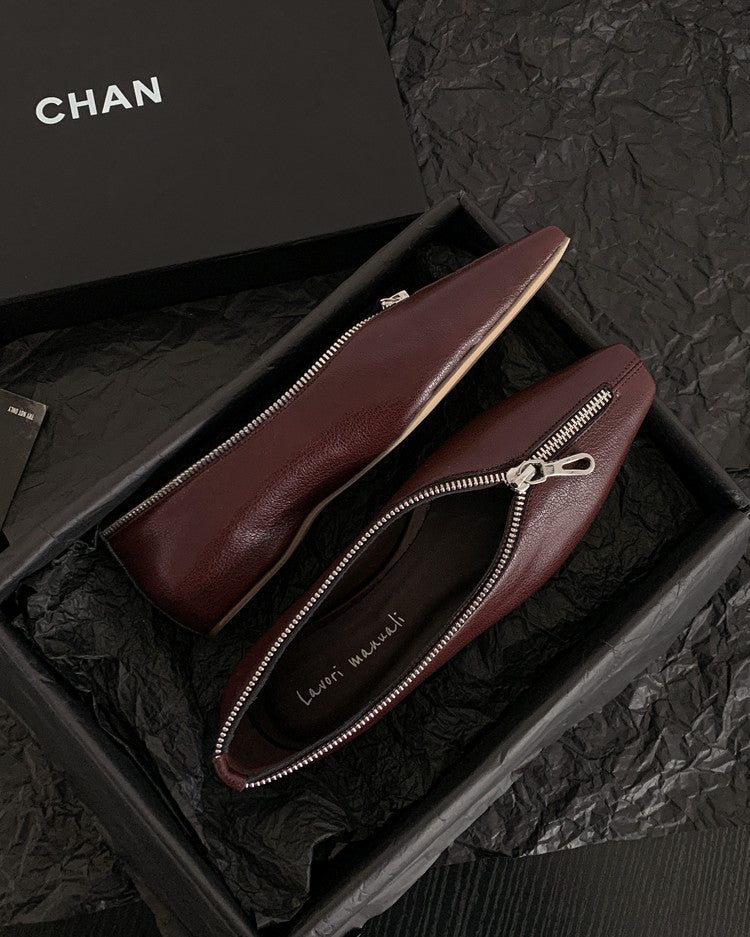 Karin Luna In Stock In Stock ~Basic Versatile Light Luxury Zipper Small Square Toe Flats