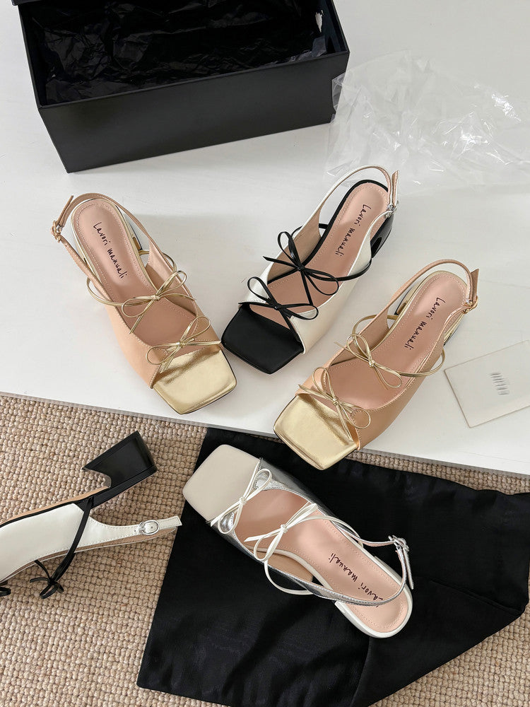 Karin Luna In Stock Spot Goods Square Toe Double Bow Thick Heel Sandals