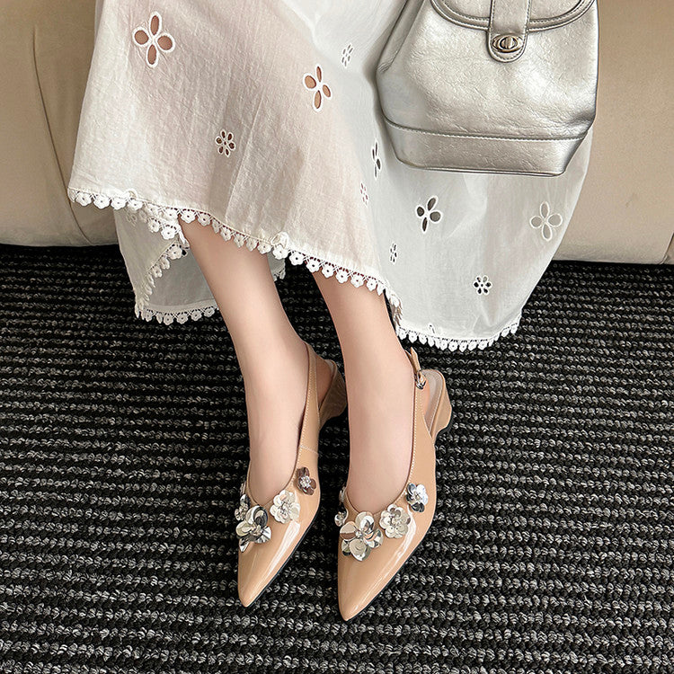 Karin Luna In Stock In Stock  Sequin Floral Pointed Toe Chunky Heel Closed-Toe Sandals