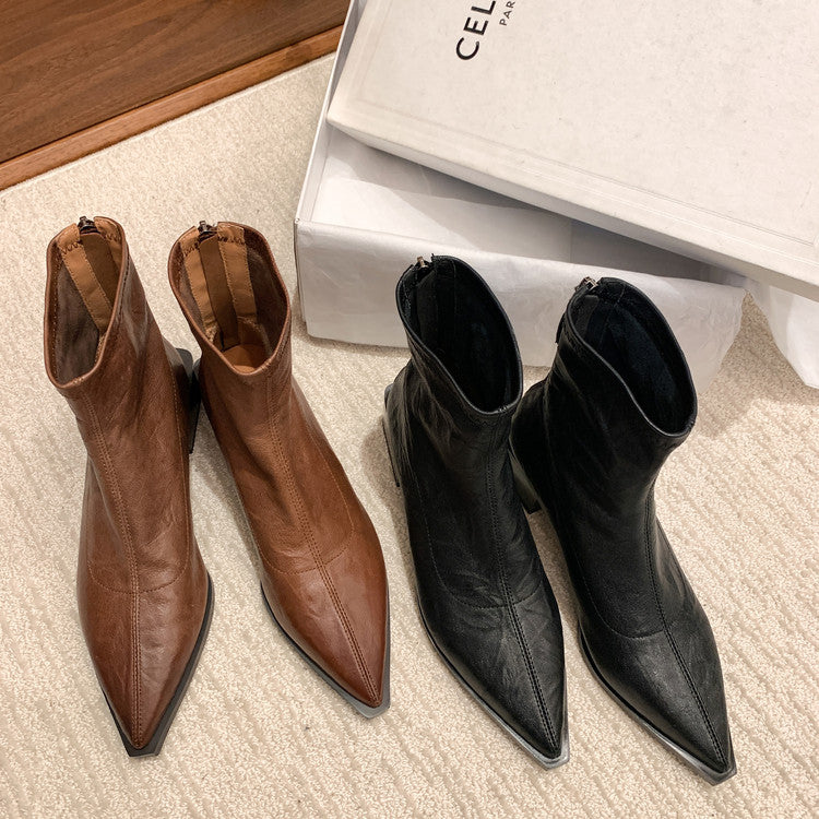 Karin Luna Elegant Style Pointed Toe Chunky Heel Short Boots