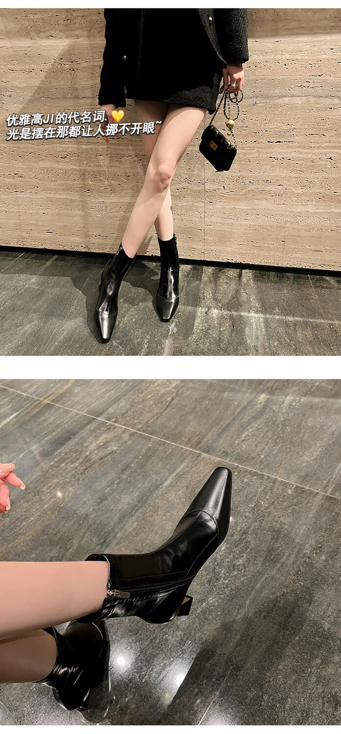 Karin Luna Elegant Small Square Toe Chunky Heel Slim Boots