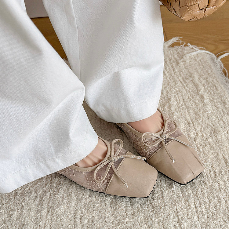 Karin Luna In Stock In Stock  Wrinkled Square Toe Patchwork Breathable Mesh Bow Granny Shoes