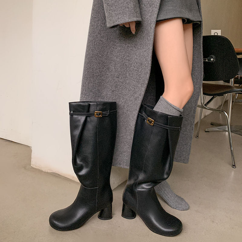 Karin Luna In Stock In Stock Mango Head Large Tube Belt Buckle Chunky Heel Long Boots