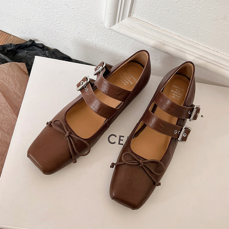 Karin Luna In Stock Spot Goods Sweet Bowknot Square Toe Hidden Wedge Strap Buckle Single Shoes