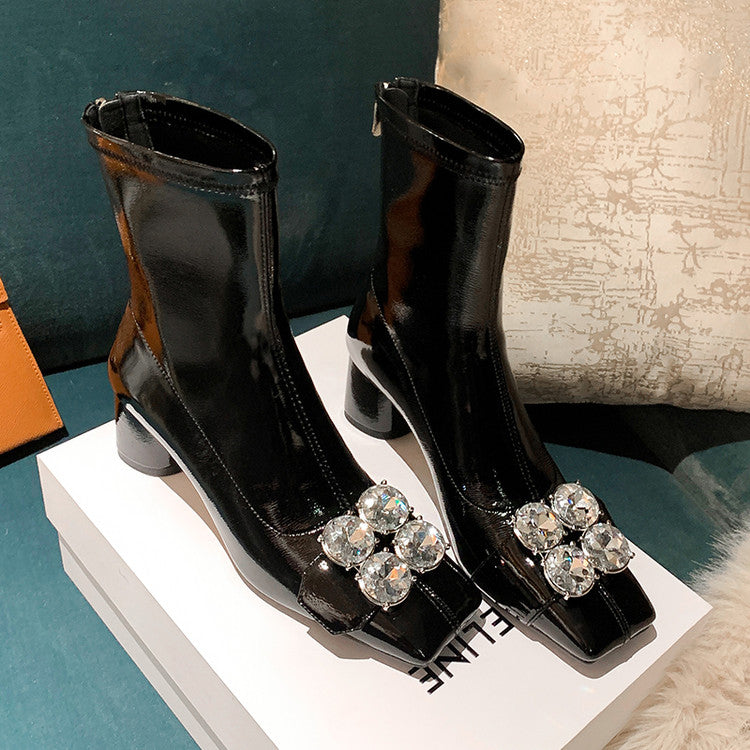 Karin Luna In Stock  Elegant Style Square Toe Rhinestone Chunky Heel Ankle Boots