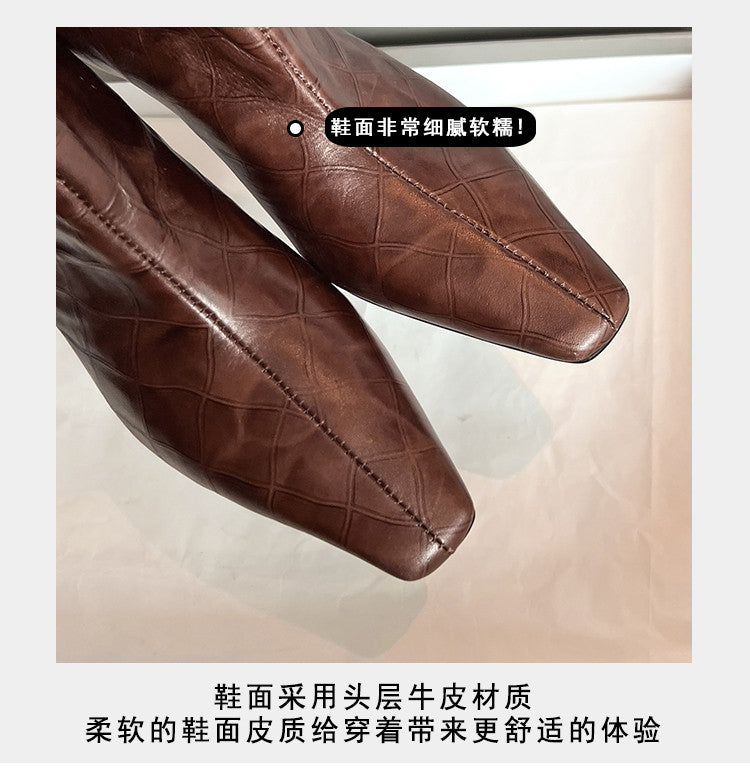 Karin Luna In Stock Spot Goods Top Layer Stone Pattern Cowhide Textured Small Square Toe Straight Short Boots