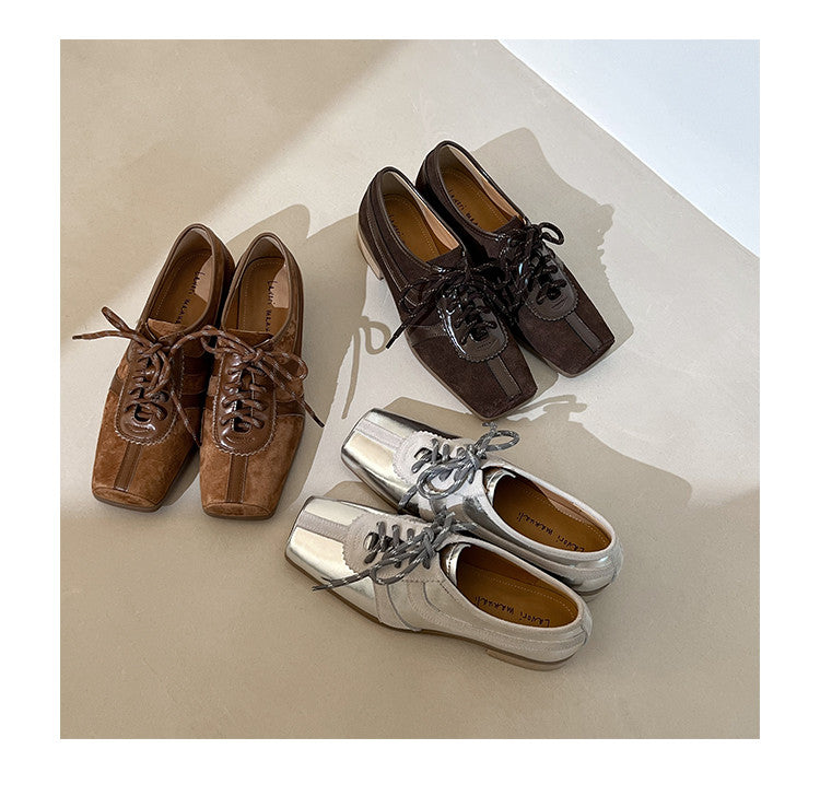 Karin Luna In Stock Spot Goods   Pig Nose Thin Strap Square Toe Patchwork Single Shoes