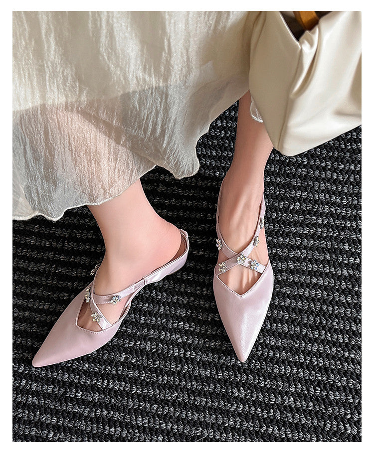 Karin Luna Elegant Pointed Toe Rhinestone Flower High Heel Mules