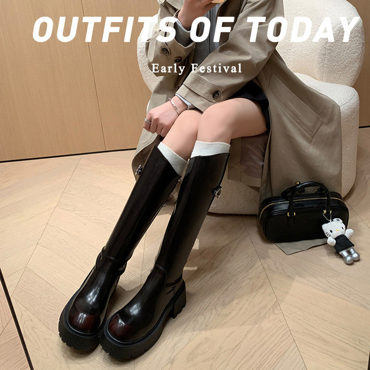 Karin Luna In Stock In Stock  Round Toe Thick Sole Belt Buckle Side Zipper Knight Boots