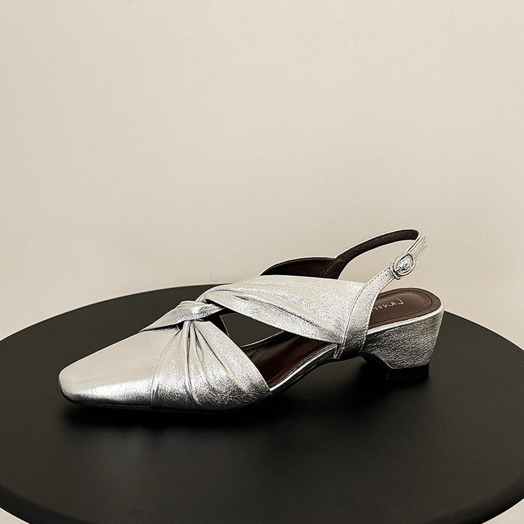Karin Luna French Retro Wrinkled Small Square Toe Elegant Closed-Toe Sandals