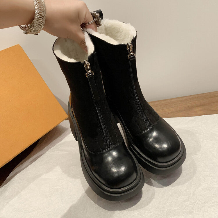 Karin Luna Basic Bestseller Timeless Thick Fur Lined Round Toe Thick Sole Cowhide Snow Boots