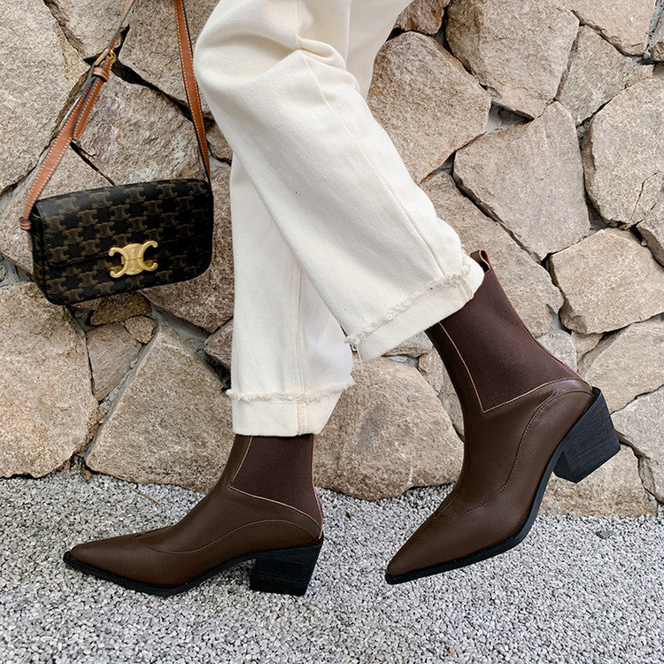 Karin Luna In Stock Spot Goods   Elegant Pointed Toe Chunky Heel Ankle Boots