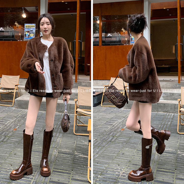 Karin Luna In Stock In Stock  Round Toe Thick Sole Belt Buckle Side Zipper Knight Boots