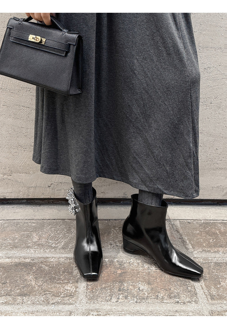 Karin Luna Elegant Style Square Toe Flower Design Height Increasing Short Boots with Two Front and Back Options