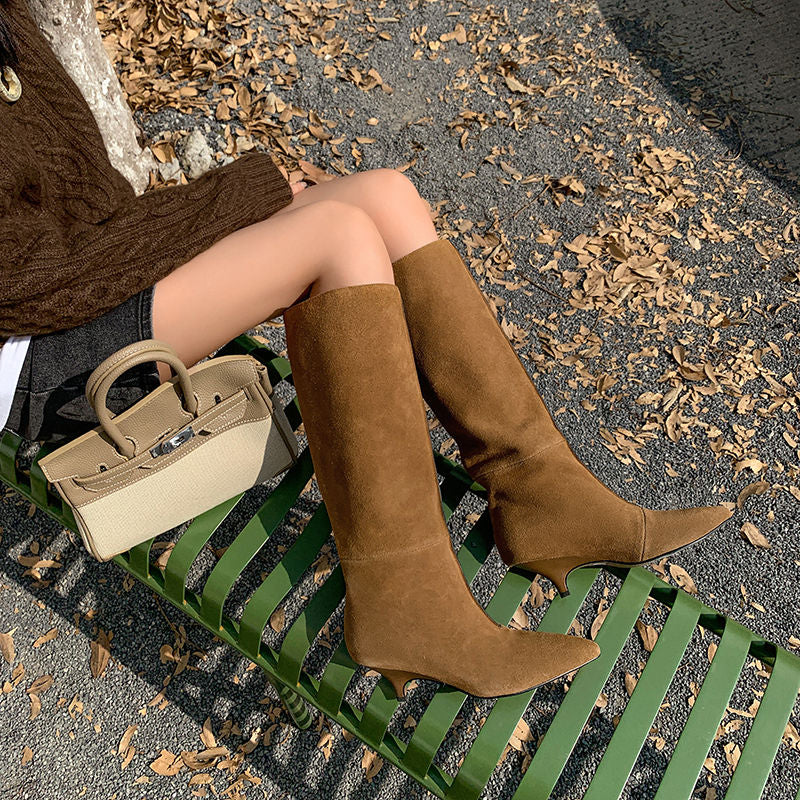 Karin Luna In Stock Spot Goods Retro Cowhide Pointed Toe Stiletto Elegant Long Boots