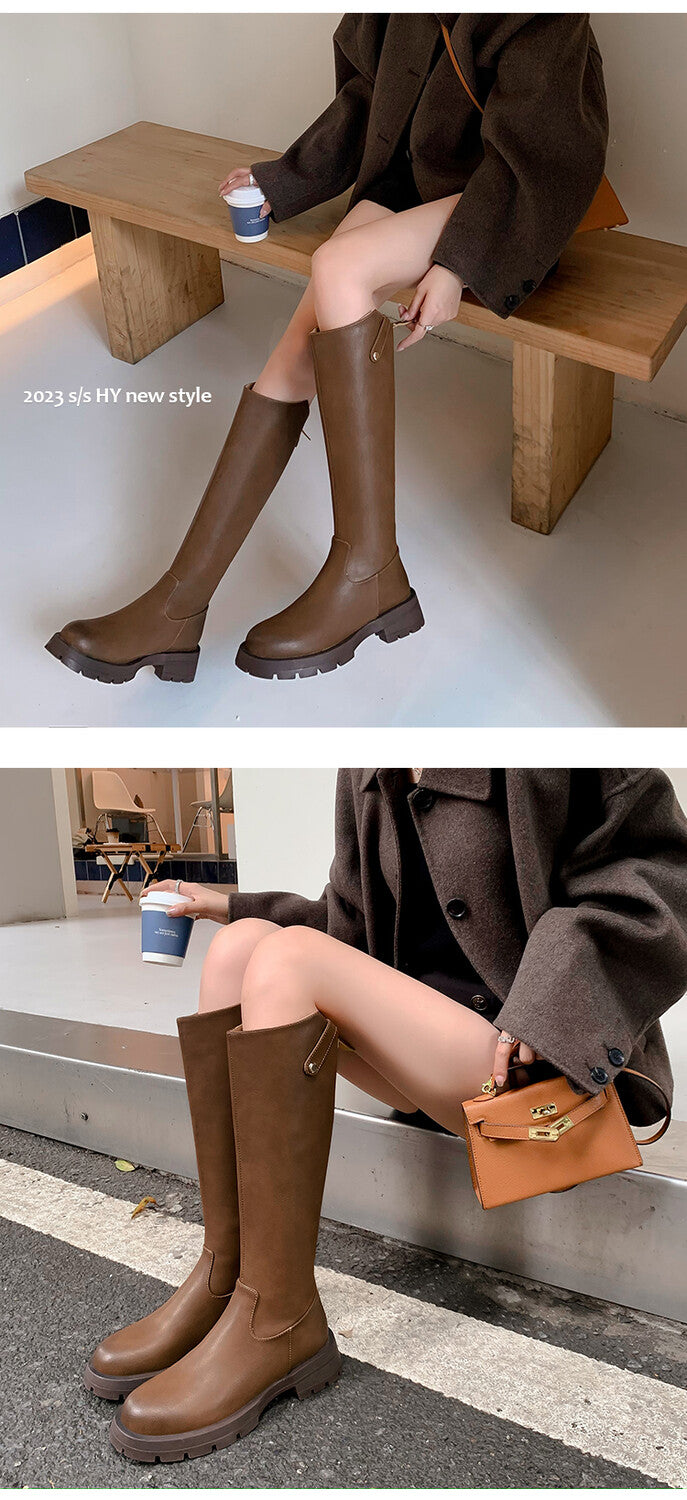Karin Luna Hot-Selling In Stock   Basic Casual Hot-Selling Round-Toe Long Boots Full Cowhide Leather Long Boots Flat Bottom Hot Sale