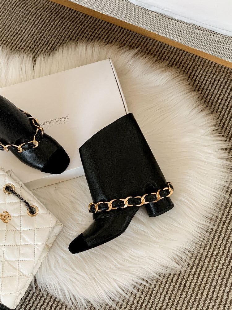 Karin Luna Classic Style Xiangjia Style Chunky Heel Chain Ankle Boots